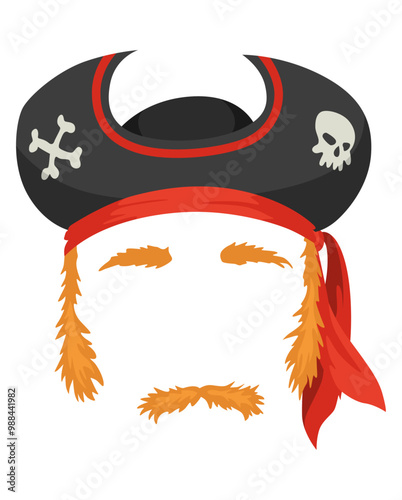 Pirate mask. Cartoon face decoration - hat, beard and mustache. Party accessories, head costume concept. Decoration item for your selfie photo, video chat filter or photo booth