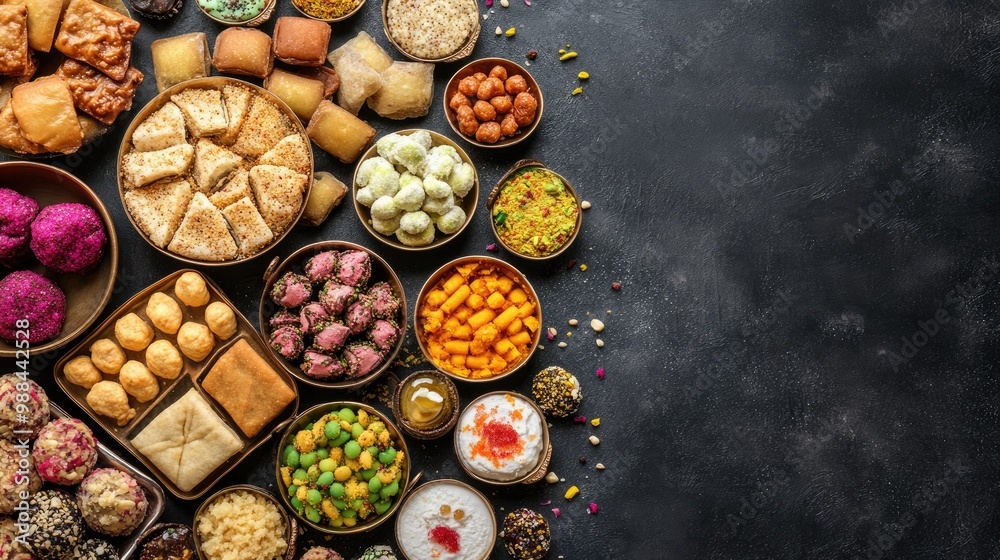 Fototapeta premium An assortment of Indian sweets and savories, top view, leaving space for copy text.