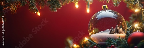 Christmas baubles glass balls and pine branches. Horizontal banner web poster, header for website minimal design. Xmas holiday background. Festive border