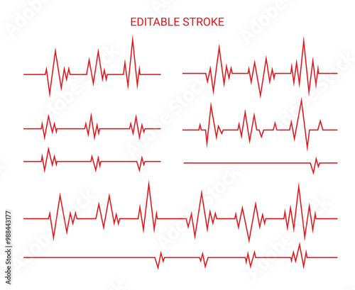 Heartbeat line. Pulse cardiogram Icons of heart beat. Ecg Electrocardiogram with healthy rhythm, cardio attack, ischemia, infarction. Symbol for cardiac