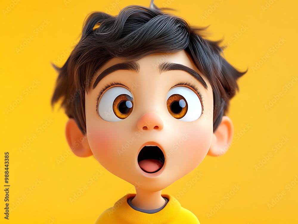 3D Illustration of a Surprised Boy with Big Eyes on a Yellow Background