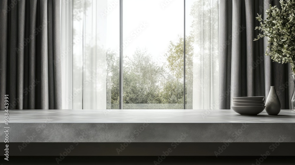 Concrete Countertop with Window View, Stacked Bowls, and Vase Concrete Countertop with Window View, Stacked Bowls, and Vase