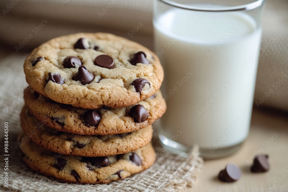 A stack of freshly baked chocolate chip cookies, still warm and gooey, served with a cold glass of milk A stack of freshly baked chocolate chip cookies, still warm and gooey, served with a cold glass of milk