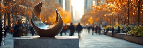 Urban Plaza with Modern Sculptures, contemporary design, vibrant atmosphere, softly blurred cityscape backdrop, inviting public space photo