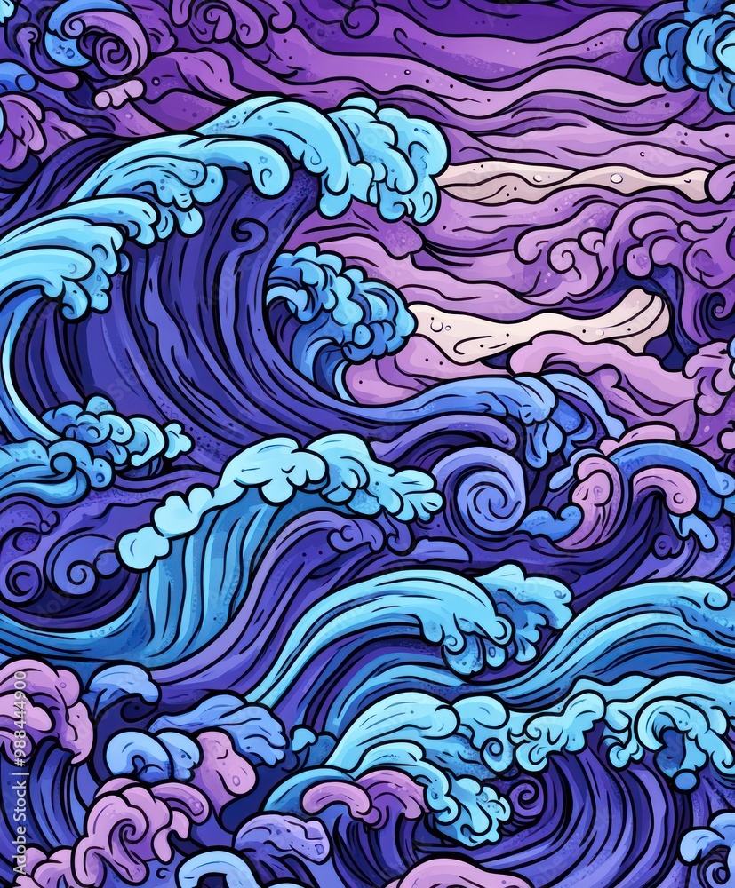 Fototapeta premium Abstract illustration of a wave pattern in purple, blue, and white colors.