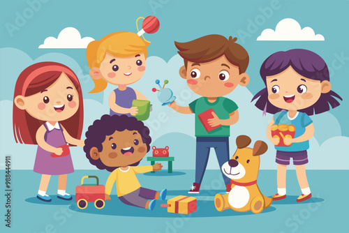 A group of children joyfully plays with customizable dolls and toys outdoors under a clear blue sky, showcasing their creativity and friendship.