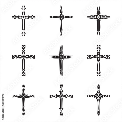 Christian cross vector icon symbols.  Abstract christian religious belief or faith art illustration for orthodox or catholic design. The symbol of the cross in various designs used in tattoo.