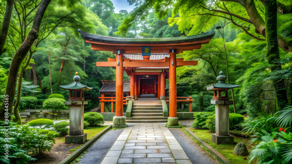 Traditional Japanese shrine surrounded by lush greenery and torii gates, Japan, shrine, Shinto, architecture, traditional Traditional Japanese shrine surrounded by lush greenery and torii gates, Japan, shrine, Shinto, architecture, traditional
