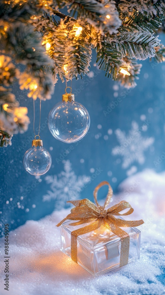 Christmas ornament hanging from green pine branch, warm bokeh lights in blurred background. Shimmering glass ornament elegant gift box nestled in snow, illuminated soft tree lights Christmas ornament hanging from green pine branch, warm bokeh lights in blurred background. Shimmering glass ornament elegant gift box nestled in snow, illuminated soft tree lights