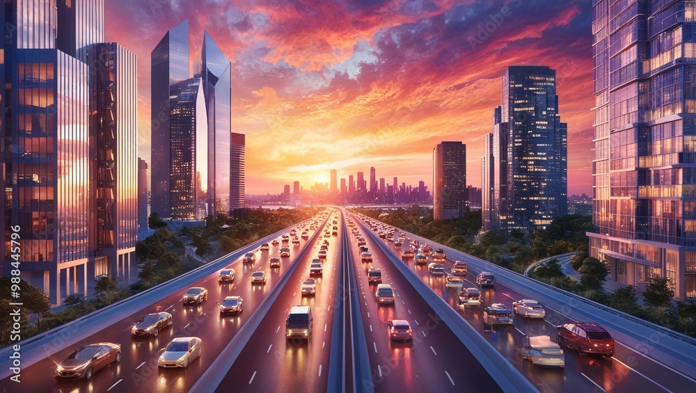Obraz premium A busy urban highway at sunset, with tall skyscrapers on either side and the city skyline glowing in the distance under a colorful sky