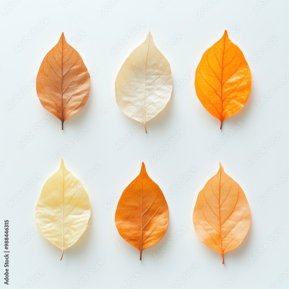 Fototapeta premium Autumn Leaves Collection: Top View of Six Colorful Leaves for Seasonal Decor and Nature Art
