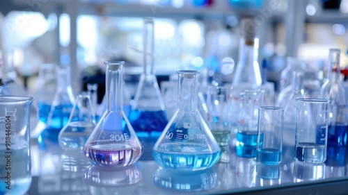 Detailed shots of chemistry lab tables with various glassware and colorful liquids