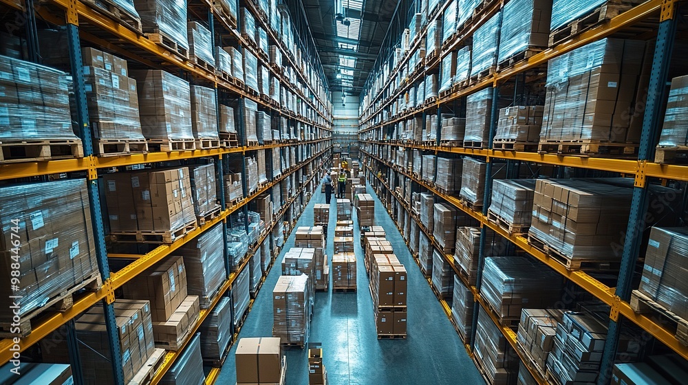 Fototapeta premium top view of group of workers with manager working indoors in warehouse coronavirus concept