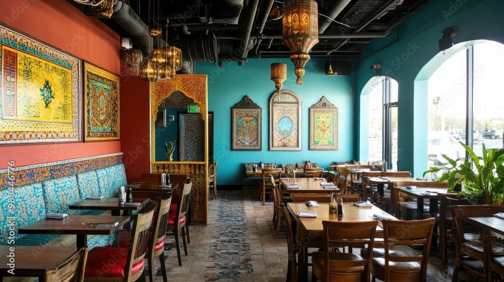 Fototapeta premium Spacious South Asian restaurant interior with vibrant decor, no people, and room for copy space.
