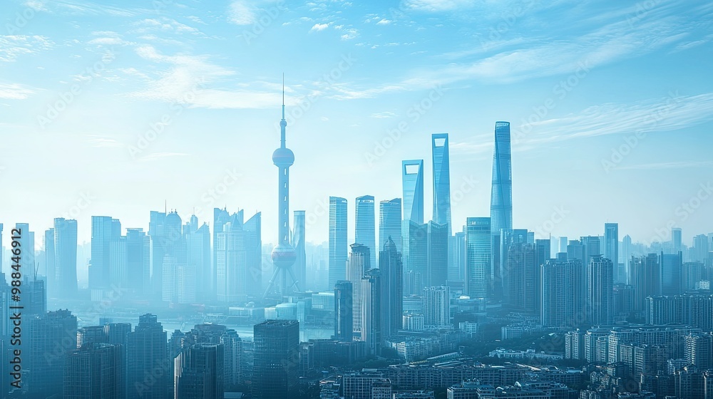 Obraz premium The skyline of a modern Chinese city with cell towers and skyscrapers, leaving room for copy space.