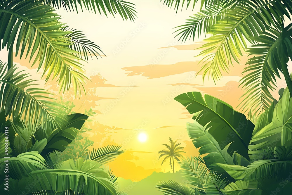 Tropical Jungle Leaves Sunset Background Illustration Tropical Jungle Leaves Sunset Background Illustration