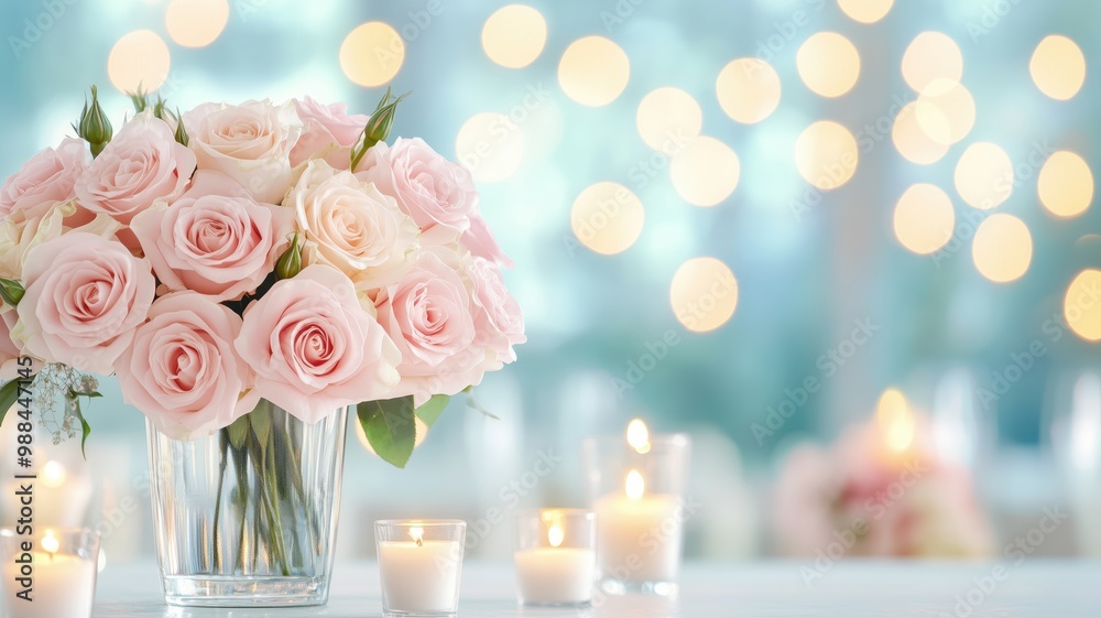 A beautiful arrangement of soft pink roses in a clear vase, accompanied by glowing candles, creating a warm and romantic ambiance against a blurred background. A beautiful arrangement of soft pink roses in a clear vase, accompanied by glowing candles, creating a warm and romantic ambiance against a blurred background.