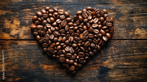 Coffee Beans Shaped in Heart on Rustic Wooden Surface Generative AI