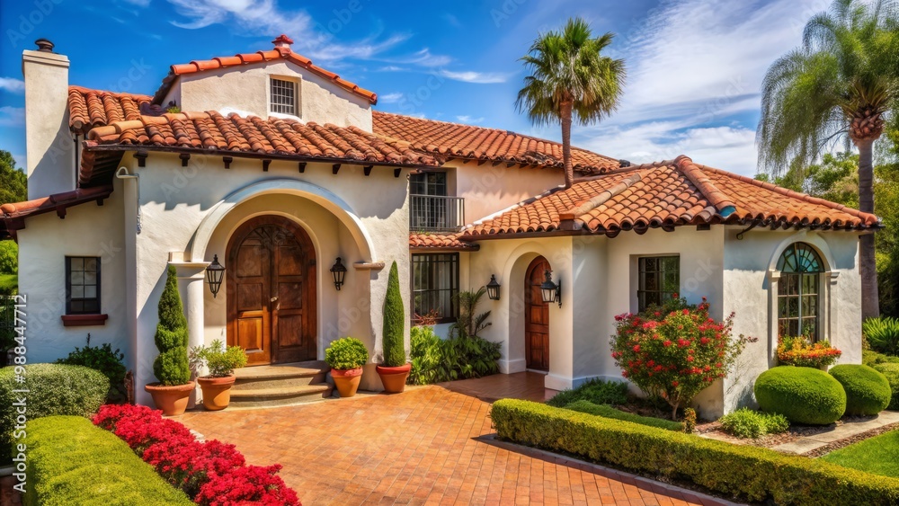 Fototapeta premium A classic Spanish abode flaunts textured stucco siding, radiant red tile roofing, and a dramatic arched doorway,