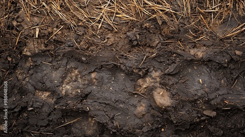 Close-up of peat texture with visible soil layers and organic matter. Agriculture structure.