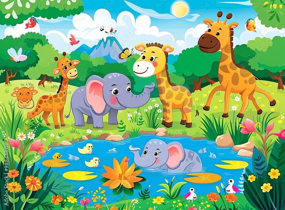 Naklejka premium Cute Cartoon Animals in a Jungle Illustration
