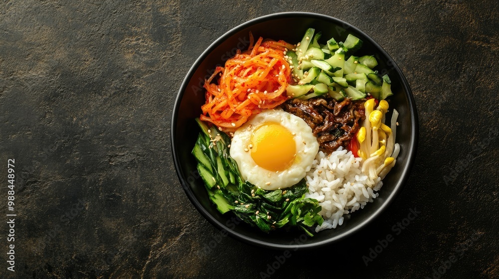 Top view of a Korean bibimbap bowl with vegetables and rice, leaving room for copy text.