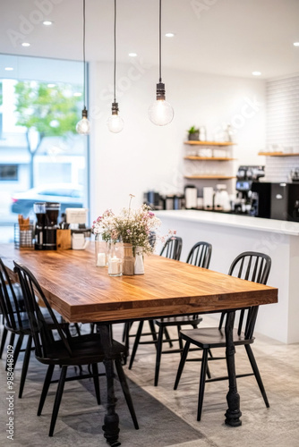 Warm and inviting cafe interior with a large wooden table surrounded by black chairs, decorated with flowers