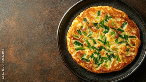 Top view of a Korean pancake (pajeon) with scallions, leaving room for copy space.