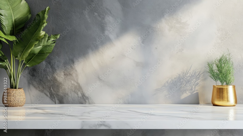 White Marble Countertop with Plants and Concrete Wall Background
