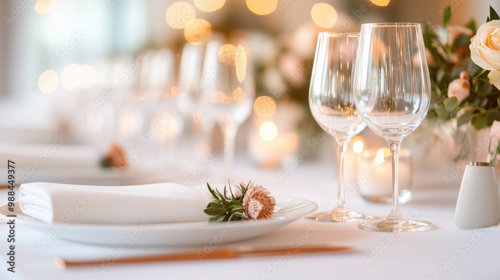 Elegant dining table setting with wine glasses, plates, and decorative flowers, creating a warm and inviting atmosphere for a special occasion. Elegant dining table setting with wine glasses, plates, and decorative flowers, creating a warm and inviting atmosphere for a special occasion.
