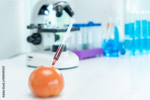 check chemical food residues in laboratory. Control experts inspect quality of fruit, scientists inject chemicals into apples for experiments, hazards, prohibited substance, contaminate