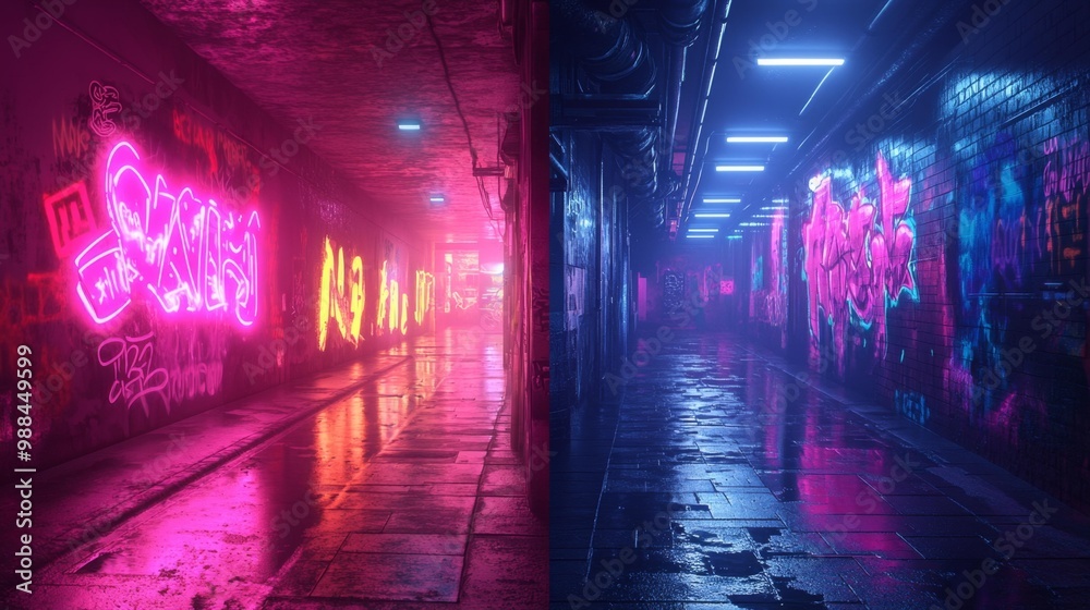 Neon graffiti in urban alleyway at night Generative AI Neon graffiti in urban alleyway at night Generative AI