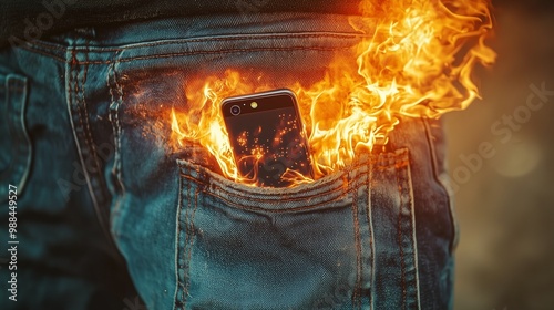 A phone explodes in a pocket, emitting a bright flame. main objects: phone, pocket, fire.