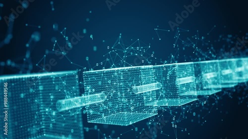 Abstract 3D blockchain network visual with interconnected digital blocks, representing secure data transactions, decentralized systems, Cryptographic technology, Modern business technology concept photo