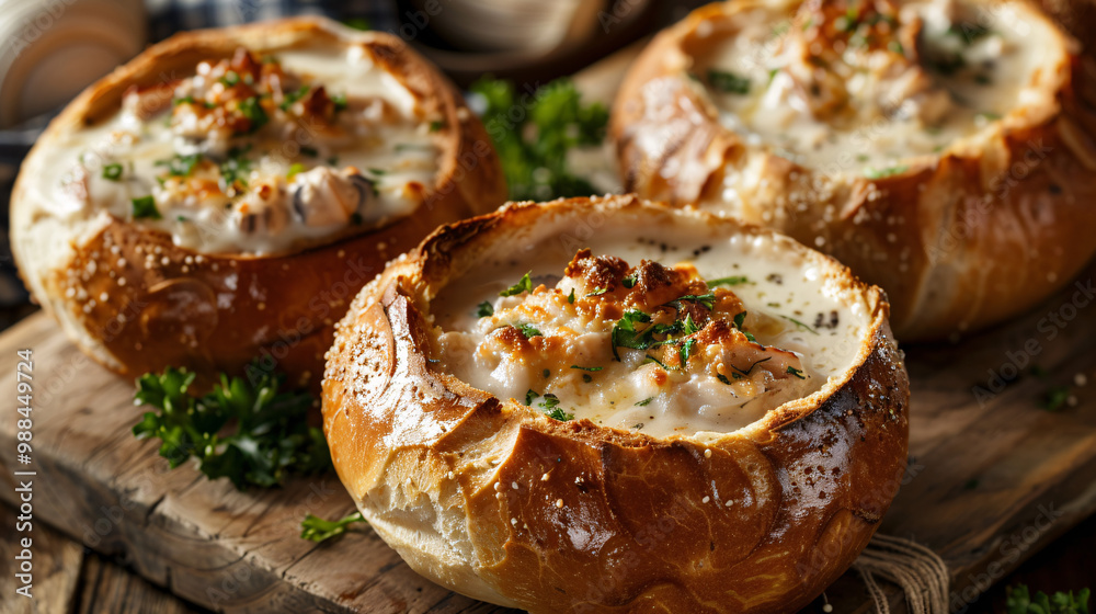 Hollowed sourdough bread bowls with San Francisco clam chowder. Fisherman's Wharf background.with space for text Hollowed sourdough bread bowls with San Francisco clam chowder. Fisherman's Wharf background.with space for text