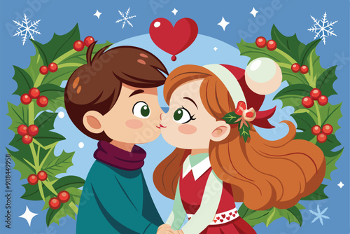 A cheerful couple shares a sweet kiss under the mistletoe, adorned with holly, surrounded by festive snowflakes and hearts, capturing holiday romance.