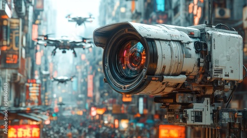 Futuristic surveillance camera in a neon city Generative AI
