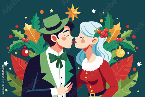 A joyful couple shares a kiss under the mistletoe amidst colorful holiday decorations and greenery.