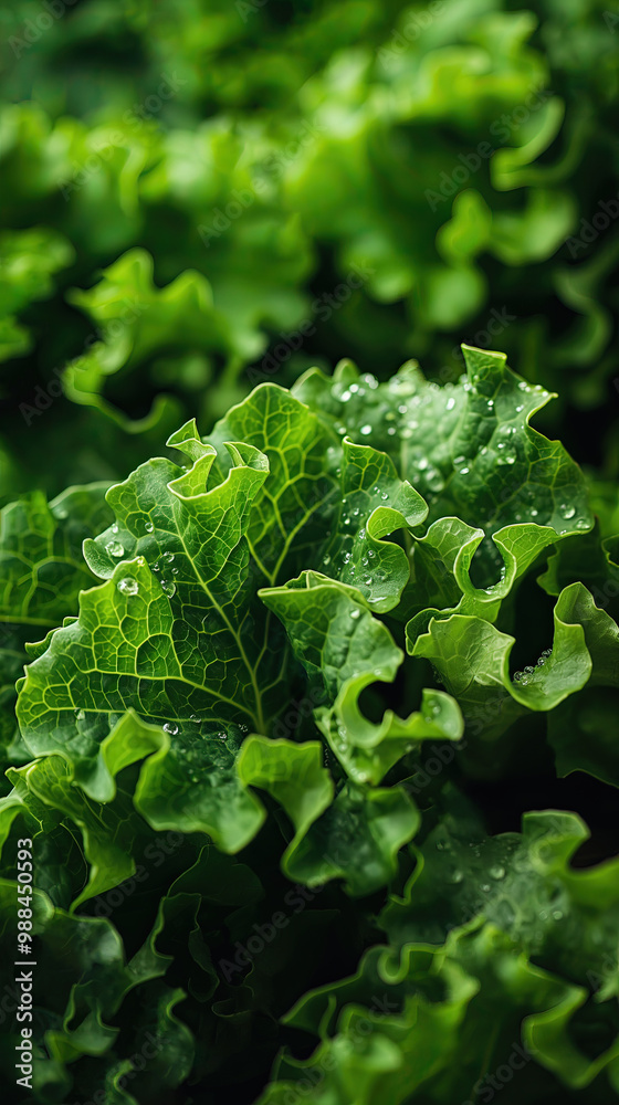 Illustration AI fresh green lettuce leaves with morning dew. Veganism, diet, healthy.