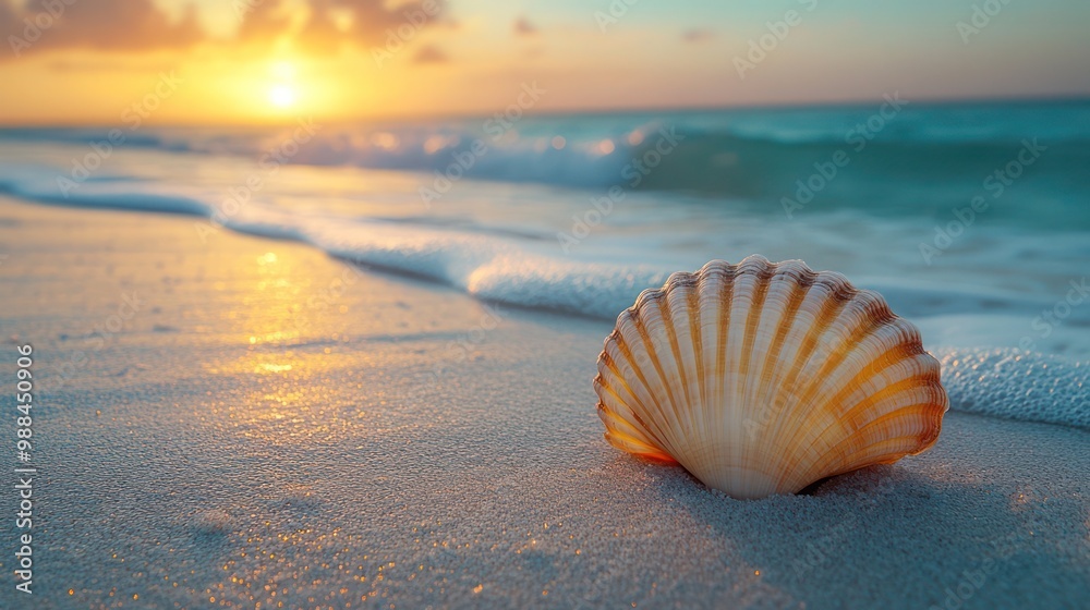 Lone cockle shell on a sandy beach at sunrise, with soft morning light and gentle ocean waves creating a peaceful atmosphere. Vintage tones evoke relaxation and timeless beauty on Florida's coast Lone cockle shell on a sandy beach at sunrise, with soft morning light and gentle ocean waves creating a peaceful atmosphere. Vintage tones evoke relaxation and timeless beauty on Florida's coast