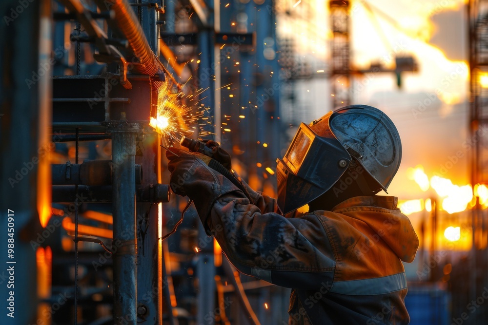 A welder in protective gear diligently works on a steel structure against a twilight sky. A welder in protective gear diligently works on a steel structure against a twilight sky.