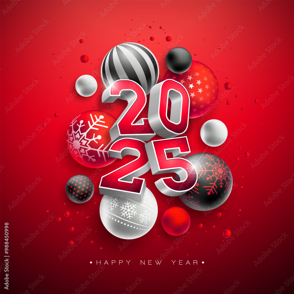 Φωτογραφία Happy New Year 2025 Illustration with 3d Number and Christmas Ball on Red Background