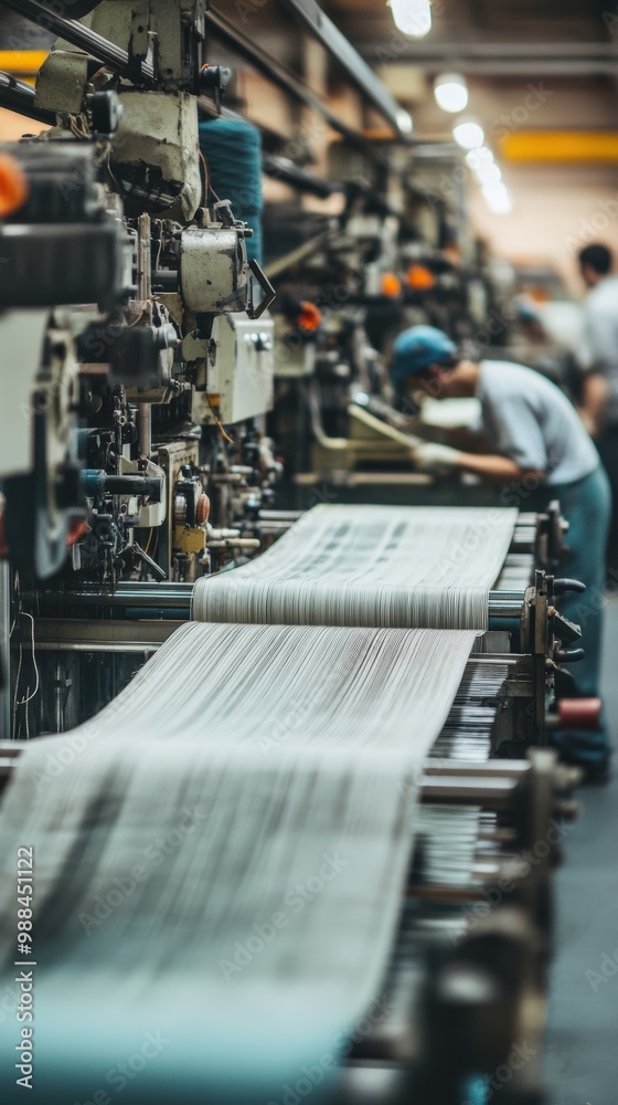 A textile factory with large weaving machines and workers creating fabrics A textile factory with large weaving machines and workers creating fabrics