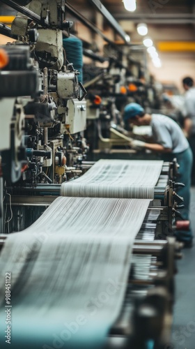 A textile factory with large weaving machines and workers creating fabrics