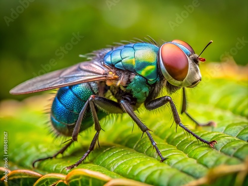 A delicate bluebottle fly rests on a leaf, its slender body and intricate veins a masterpiece of natural