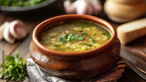  fresh bowl with traditional Czech garlic soup 