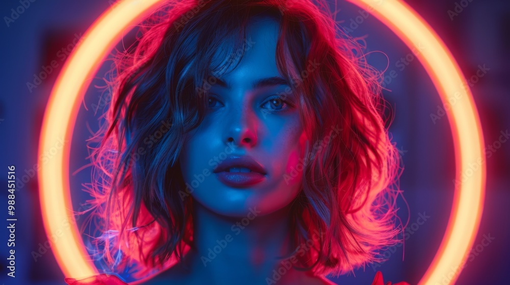Fototapeta premium A young woman poses, bathed in the ethereal glow of a ring light, accentuating her striking features and gaze.
