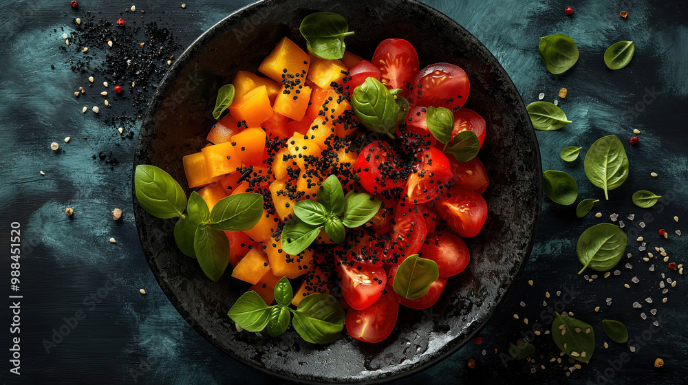 Illustration AI fresh tomato and yellow pepper salad with basil and black sesame. Veganism, healthy. Illustration AI fresh tomato and yellow pepper salad with basil and black sesame. Veganism, healthy.