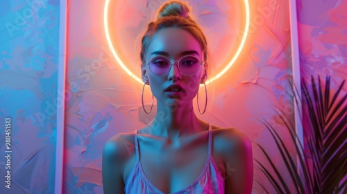 A young woman poses, bathed in the ethereal glow of a ring light, accentuating her striking features and gaze.