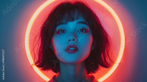 A young woman poses, bathed in the ethereal glow of a ring light, accentuating her striking features and gaze.